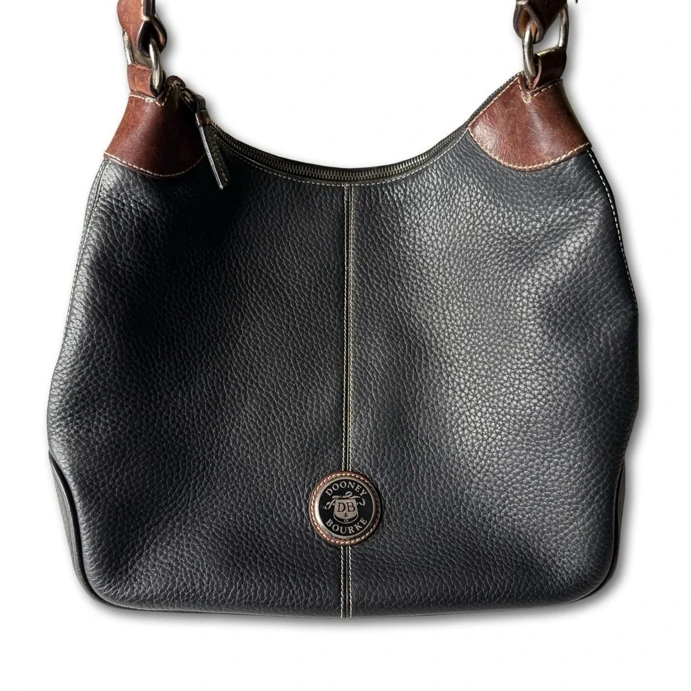 Vintage Dooney & Bourke Shoulder Bag Pebbled Leather Black Brown Hobo Large USA